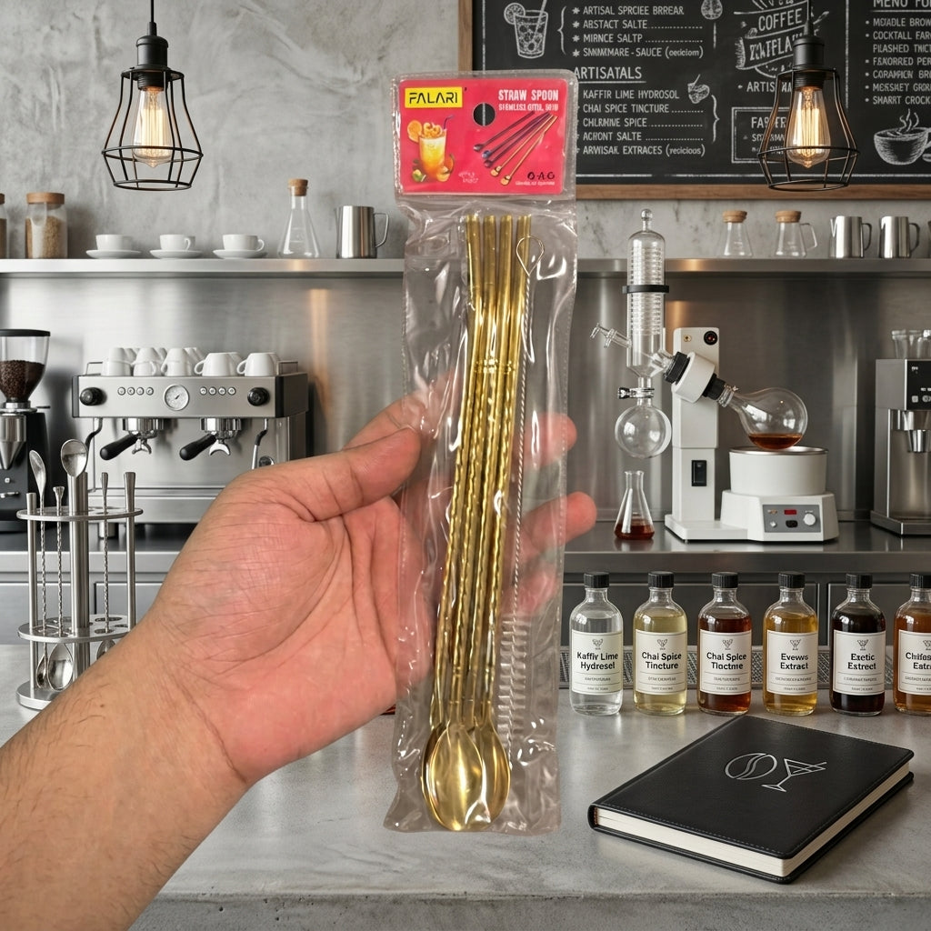 4 Pcs - Gold Straw Spoon Set With Cleaning Brush - Kitchen Accessory Designed For Dining And Daily Utility Routine