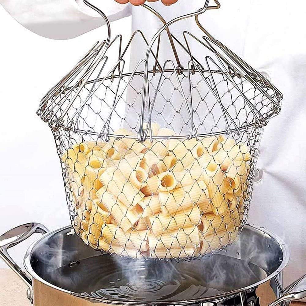 STAINLESS STEEL MULTI-FUNCTIONAL FOLDABLE COOKING Chef Basket Deluxe Kitchen Colander, MESH STEAM RINSE STRAIN FRY BASKET DEEP FRYER