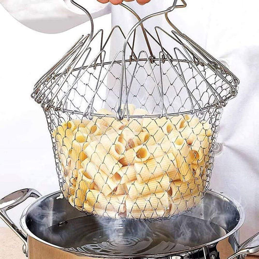 STAINLESS STEEL MULTI-FUNCTIONAL FOLDABLE COOKING Chef Basket Deluxe Kitchen Colander, MESH STEAM RINSE STRAIN FRY BASKET DEEP FRYER