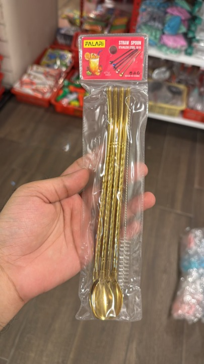 4 Pcs - Gold Straw Spoon Set With Cleaning Brush - Kitchen Accessory Designed For Dining And Daily Utility Routine