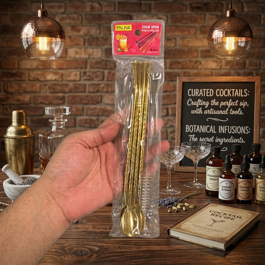 4 Pcs - Gold Straw Spoon Set With Cleaning Brush - Kitchen Accessory Designed For Dining And Daily Utility Routine