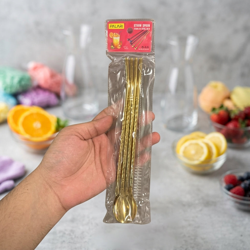 4 Pcs - Gold Straw Spoon Set With Cleaning Brush - Kitchen Accessory Designed For Dining And Daily Utility Routine